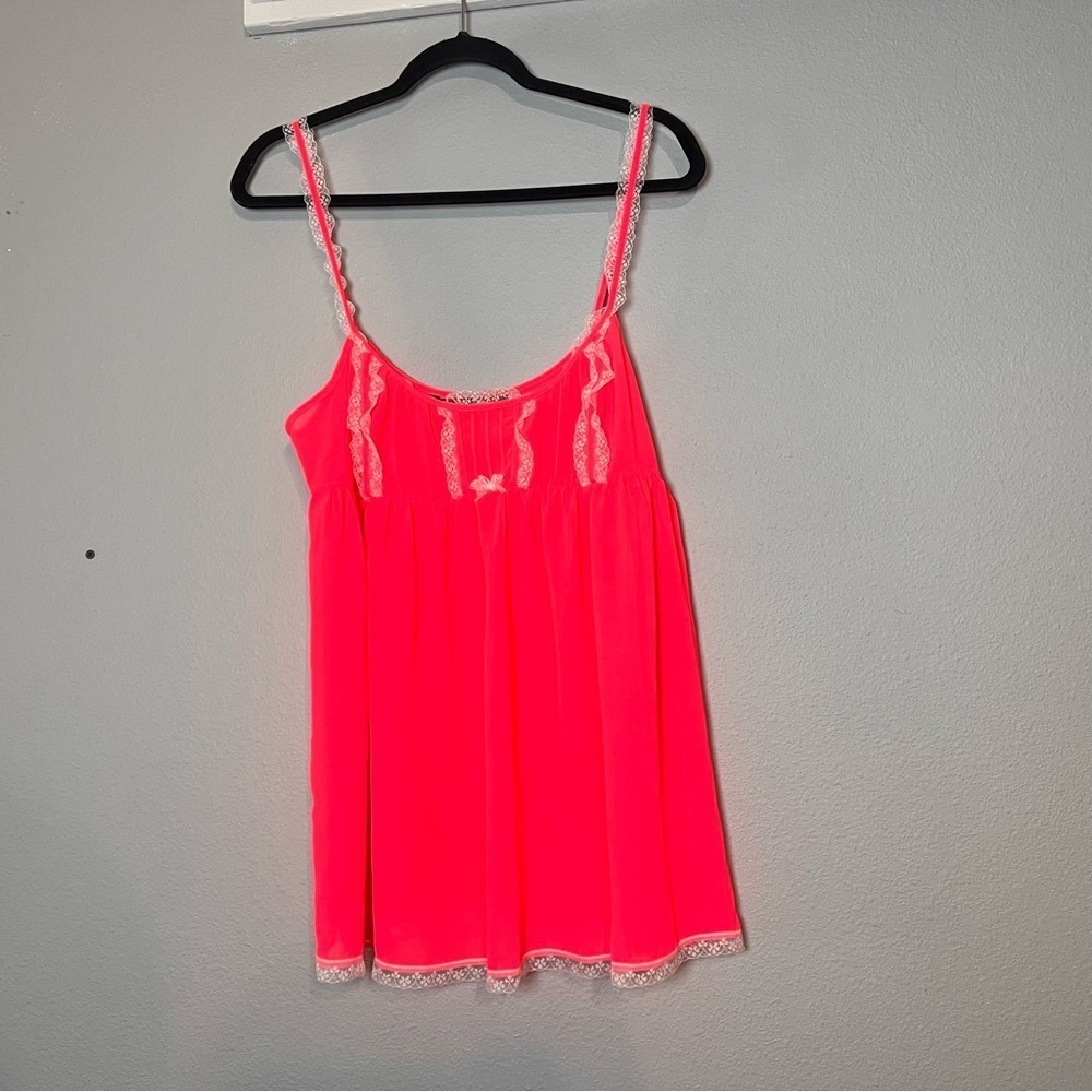 Victoria's Secret Cami Tank Lingerie Top Bright Hot Pink Lace Semi Sheer Size XL
